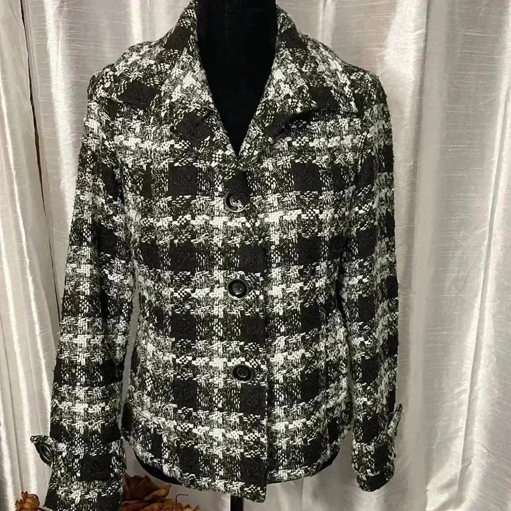 Chico’s Women’s 0 Black White Silver Button Up Tweed Woven Lined Blazer Jacket